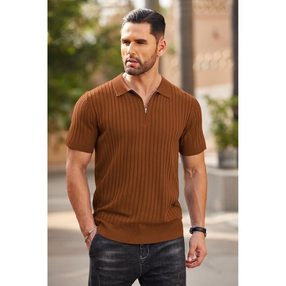 Men's Zipper Polo Shirts Short Sleeve Ribbed Knit Polo T Shirts Brown - Picture 2 of 7
